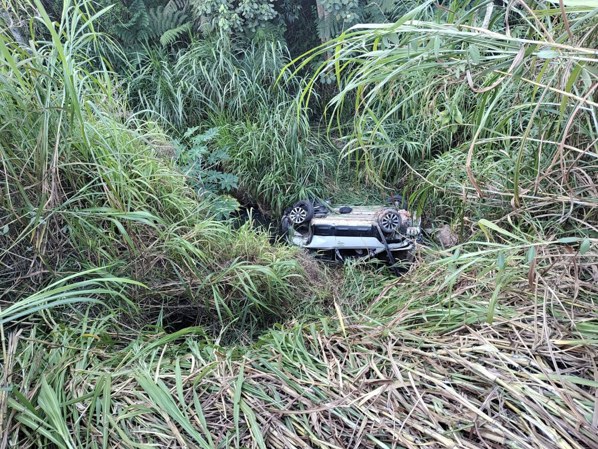 carro-capota,-despenca-em-ribanceira-de-mais-de-10-metros-e-cai-dentro-de-corrego-na-br-040