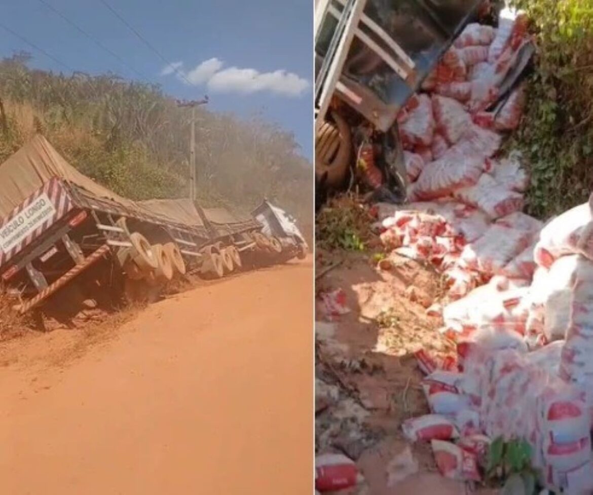 carreta-desgovernada-atropela-motociclista-e-tomba-com-carga-de-arroz-em-maraja-do-sena,-no-ma