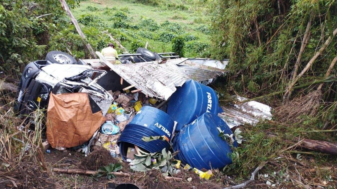 motorista-morre-preso-as-ferragens-apos-caminhao-tombar-em-curva-da-mg-353